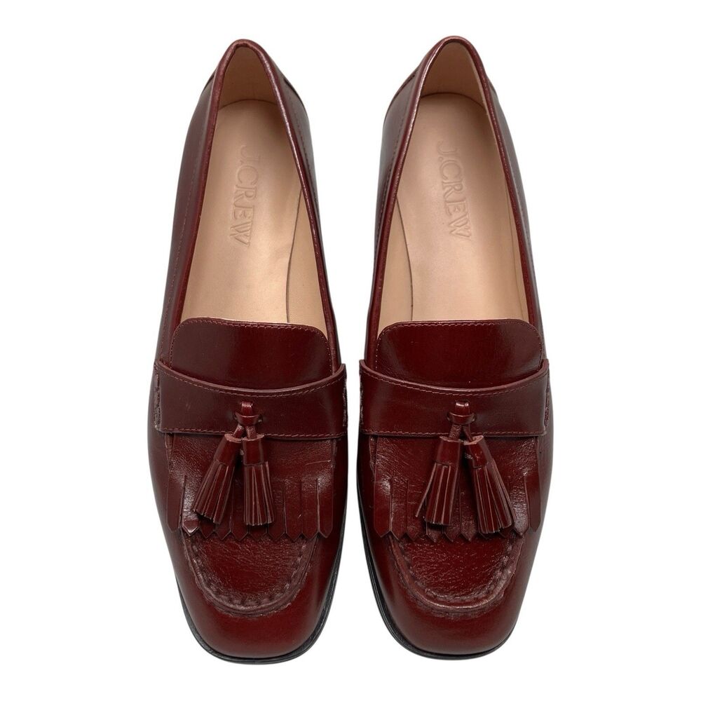J.Crew Leather Maison Tassel Loafers Womens 8.5 Burgundy Kiltie‎ Preppy Academia